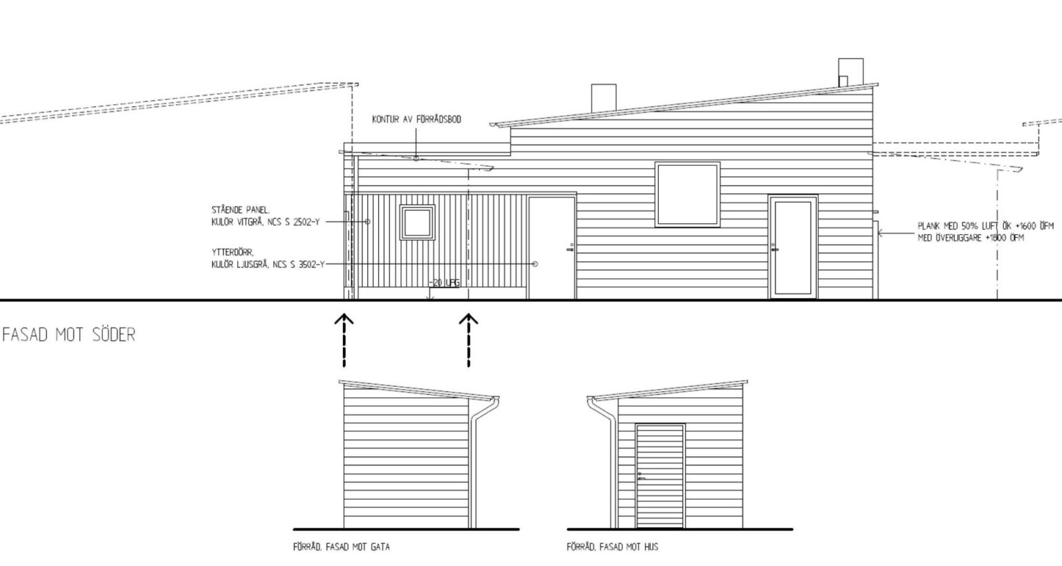 Arkitektritning som visar fasaden mot söder på en nyproducerad villa, framtagen av Pålssons Bygg – specialister på att bygga hus i Jönköping och Nässjö med omnejd.