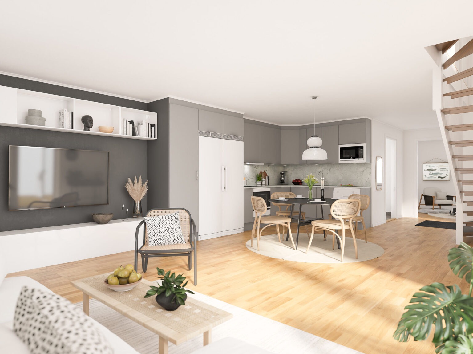Ljus och öppen interiör i nybyggd villa i Flugebo, med moderna snickerier, trädetaljer och genomtänkt planlösning – ett exempel på Pålssons Byggs gedigna hantverk.