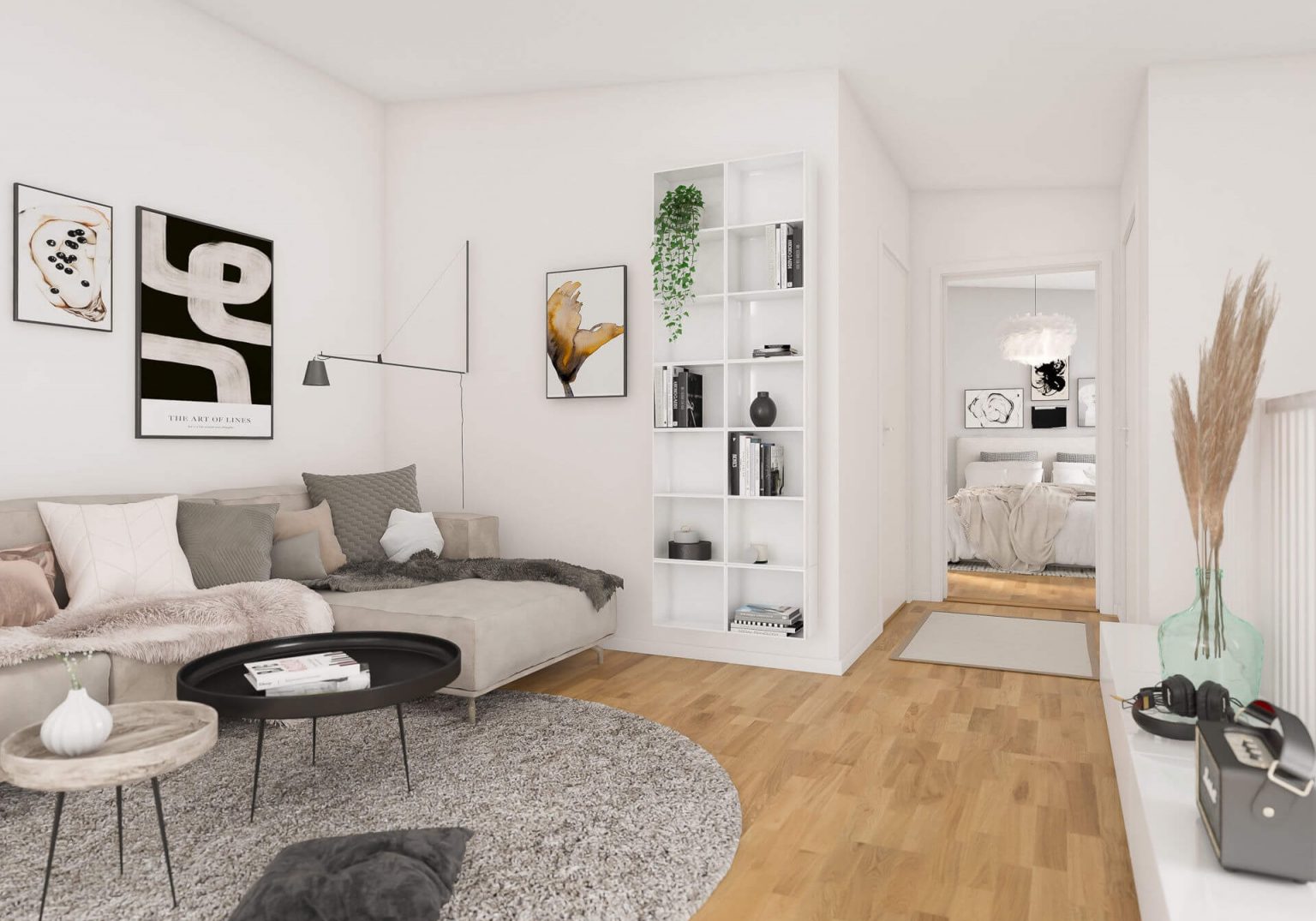 Interiör från villa i Flugebo byggd av Pålssons Bygg, med öppen planlösning, stora fönsterpartier och ljusa naturmaterial för ett modernt uttryck.