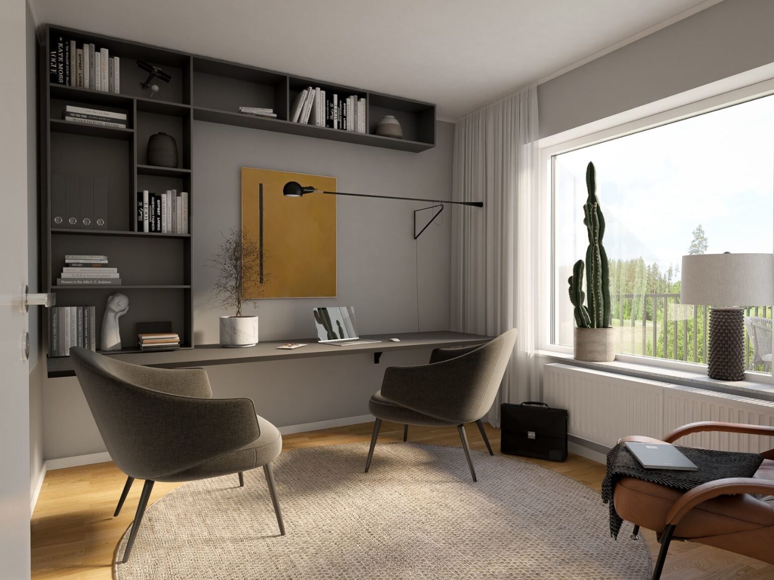 Kontorsutrymme med moderna inslag och träpanel, exempel på inomhusmiljö relaterad till Pålssons Byggs projekt i Jönköpingsområdet.